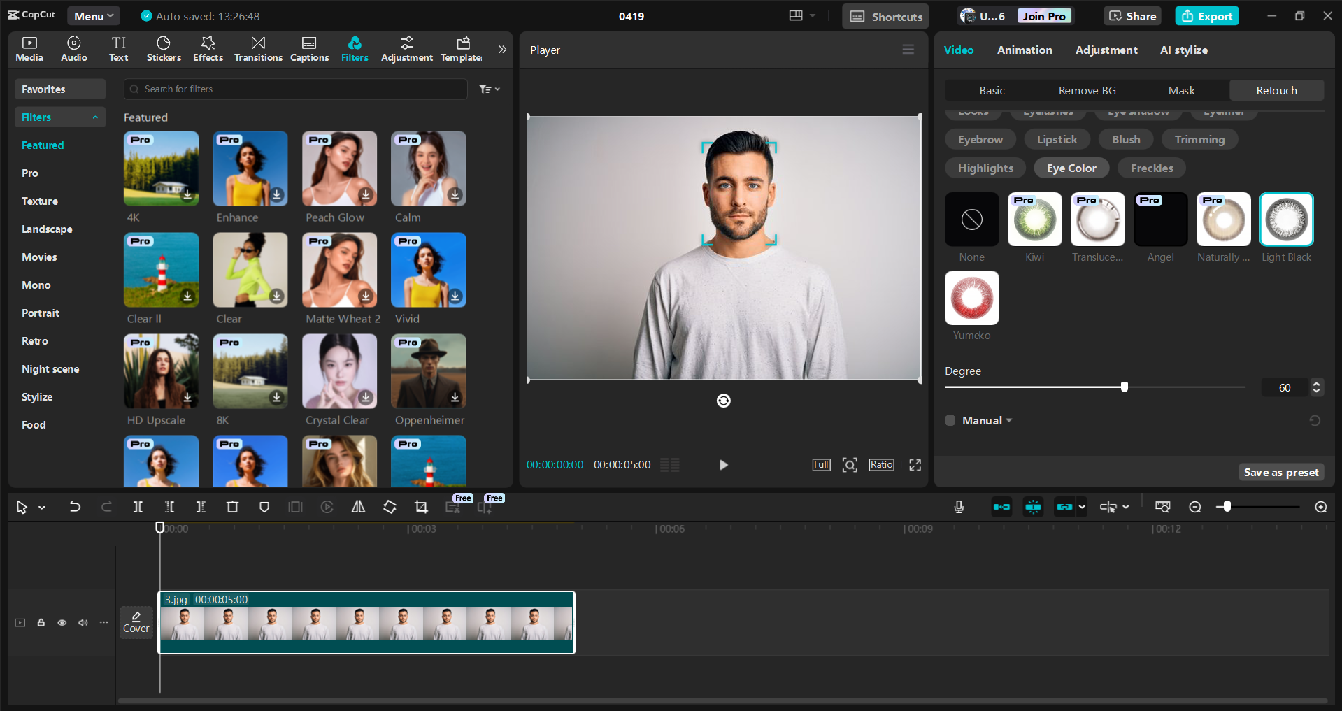 CapCut masaüstü video düzenleyicisinin arayüzü - fotoğraflarda göz rengini değiştirmenin kullanıcı dostu bir yolu