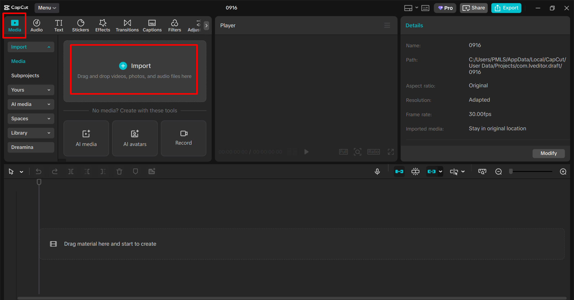 Importing the video in the CapCut desktop video editor