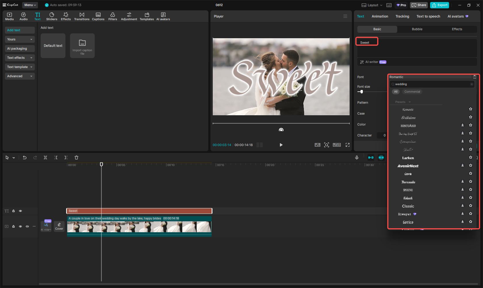 在CapCut中為視訊新增婚禮文字