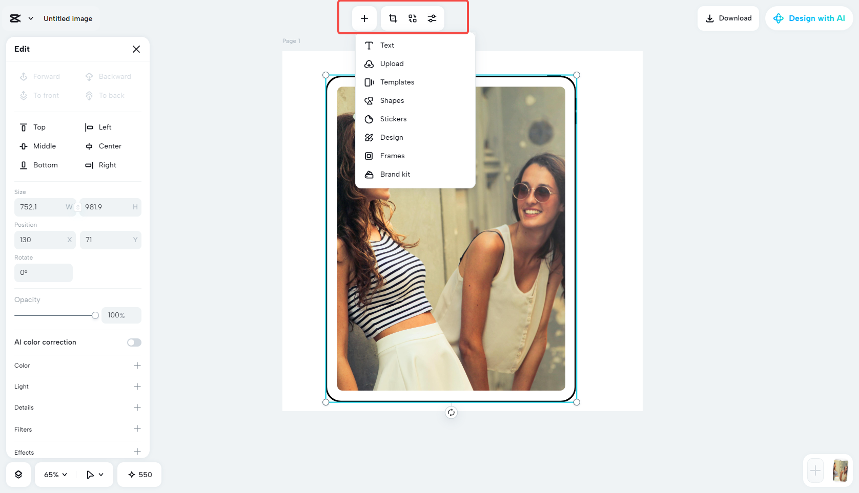 Editing the framed photo in CapCut