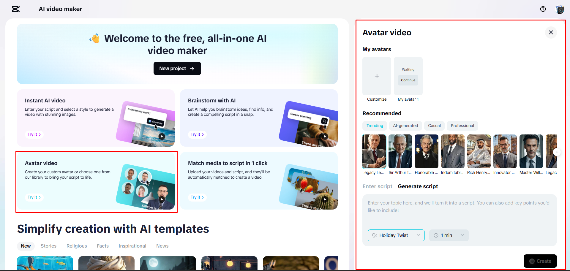 Generating a video with a script in CapCut Web