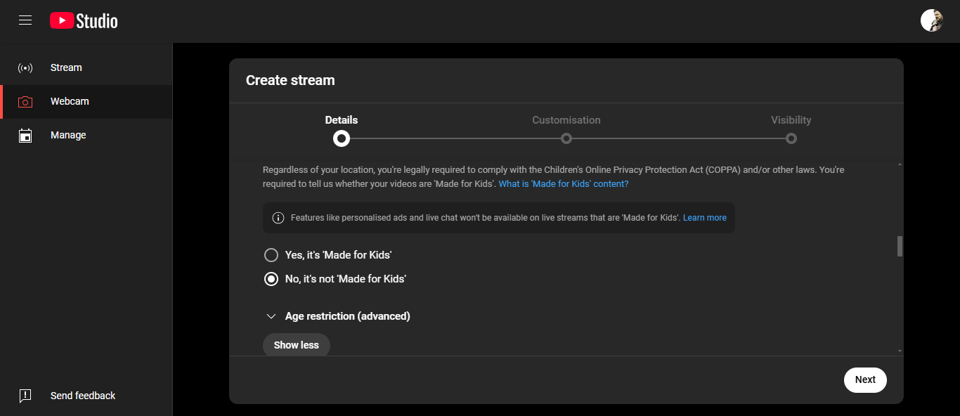 A stream beállítások konfigurálása