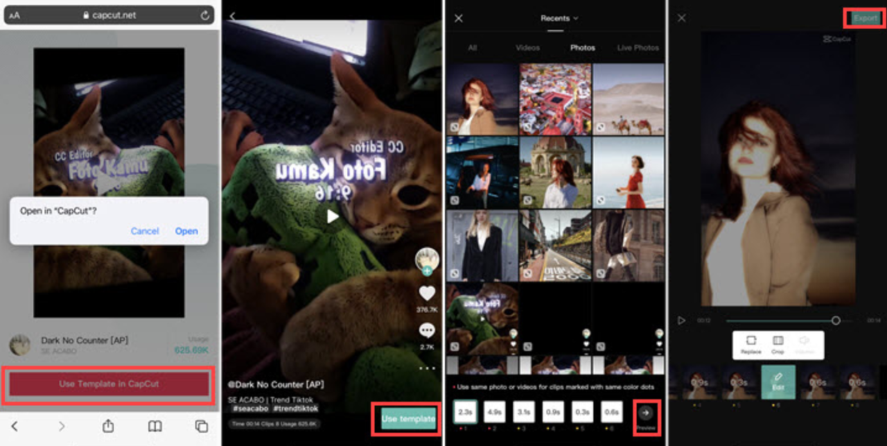 Couple video CapCut template with options to open, edit, and export photos and clips.