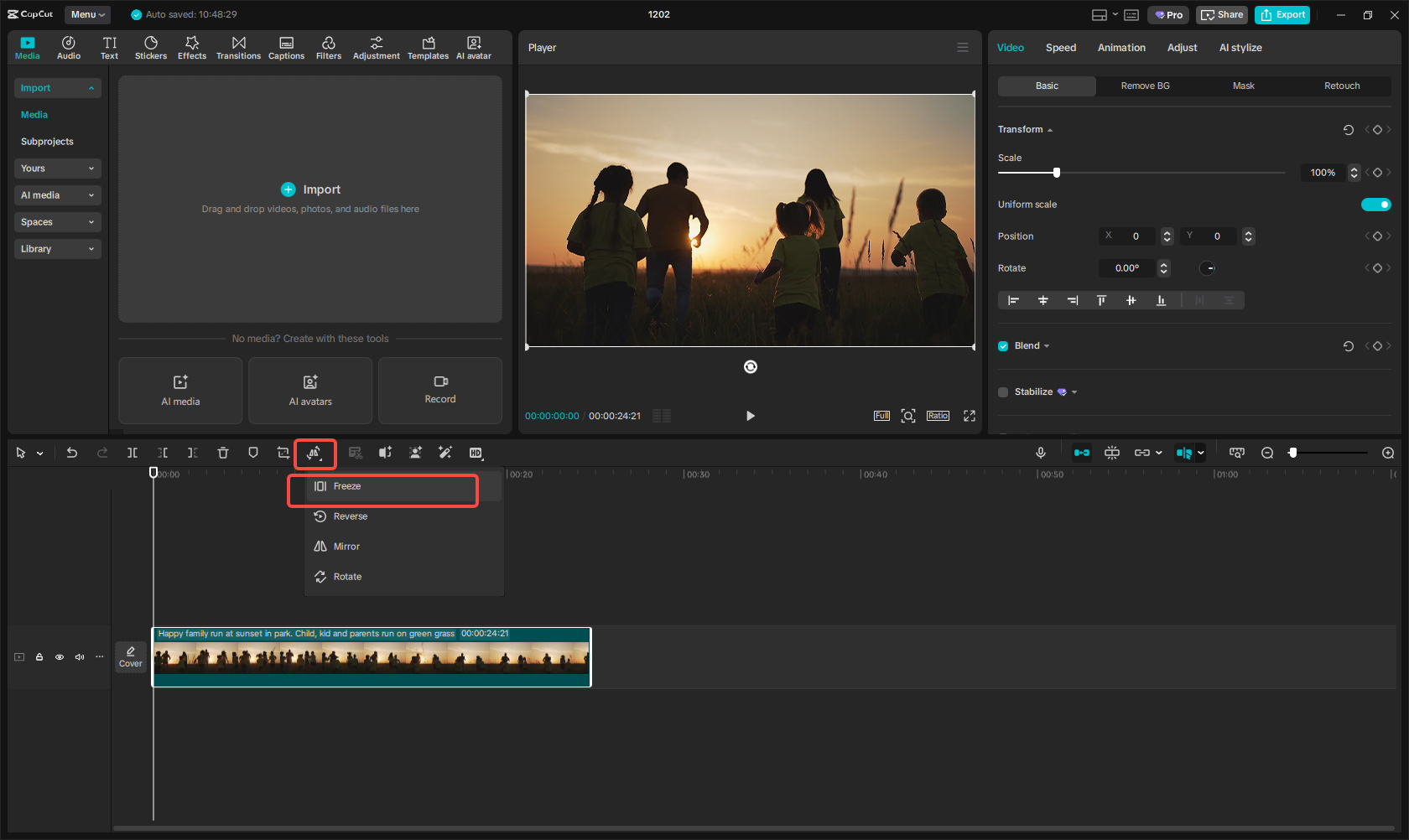 Pick the "Freeze" option in CapCut