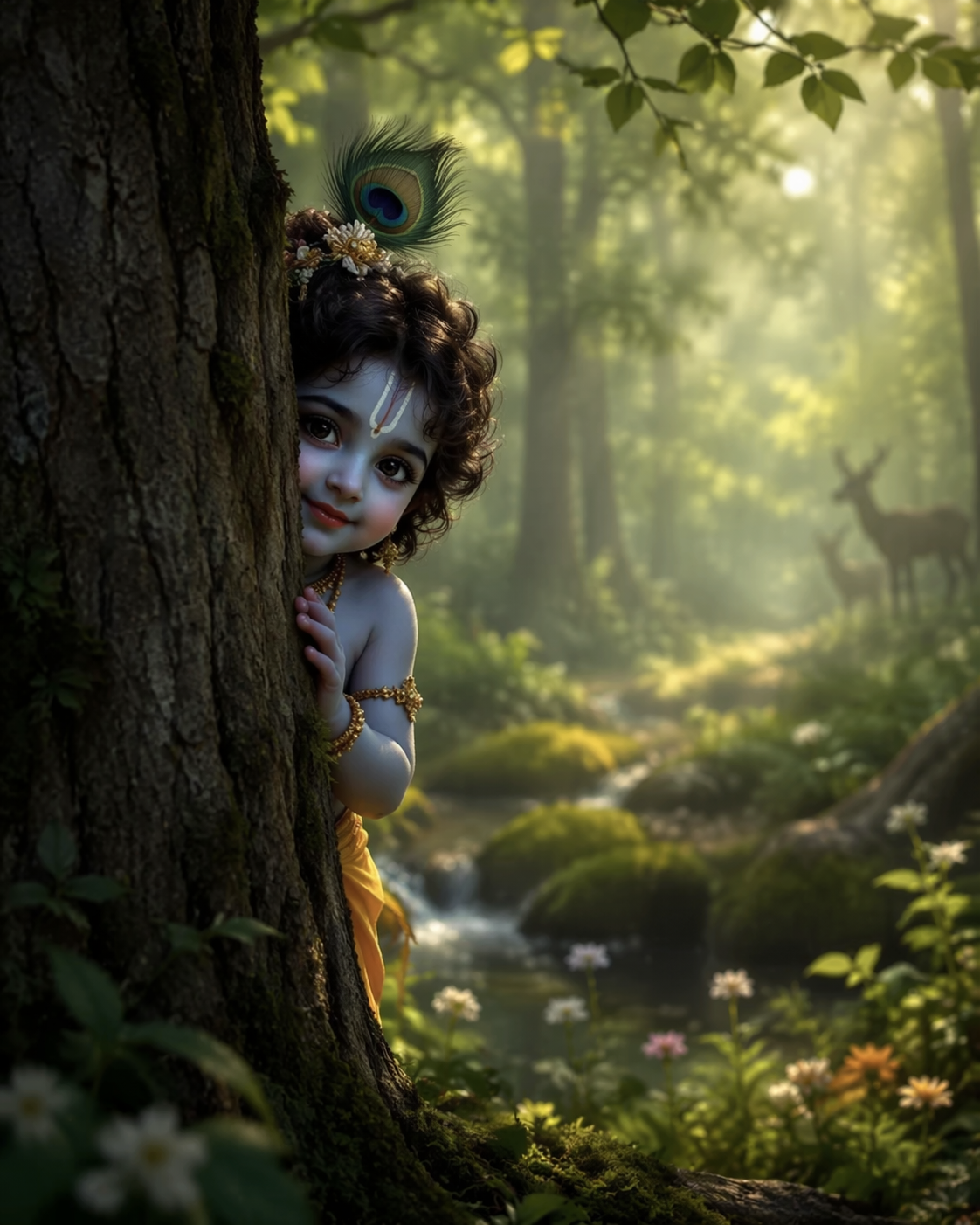 Little Krishna Hiding Behind the Tree Photos Prompt cover