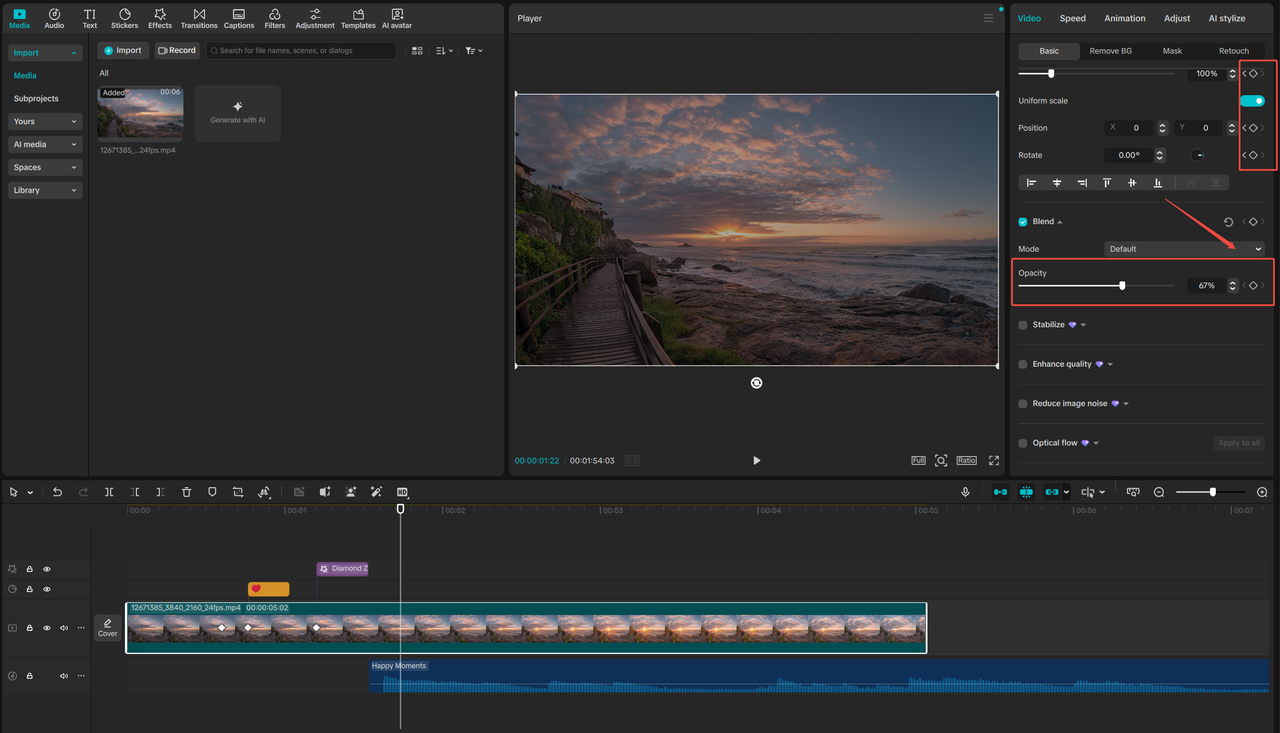 The Opacity Keyframes in CapCut PC