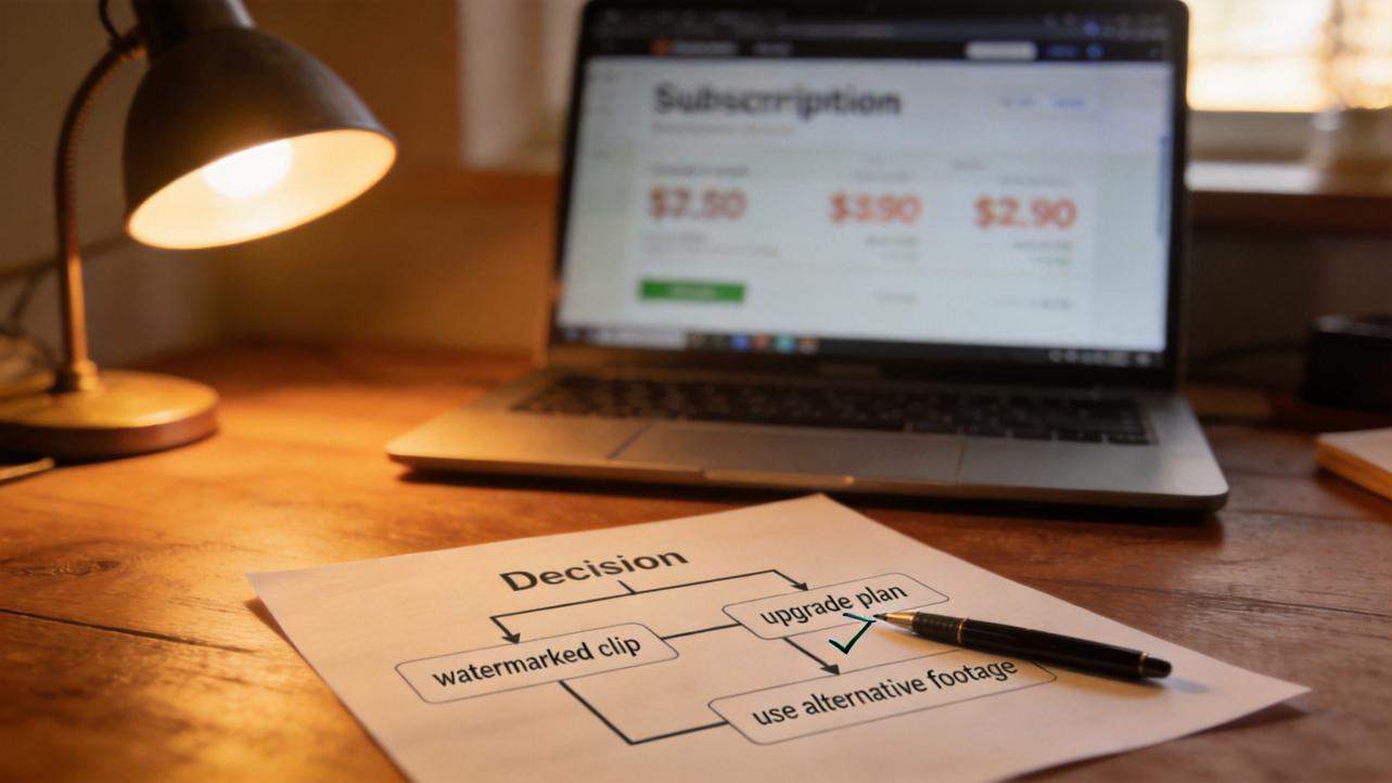 Desk with laptop subscription page and decision flowchart for a watermarked clip