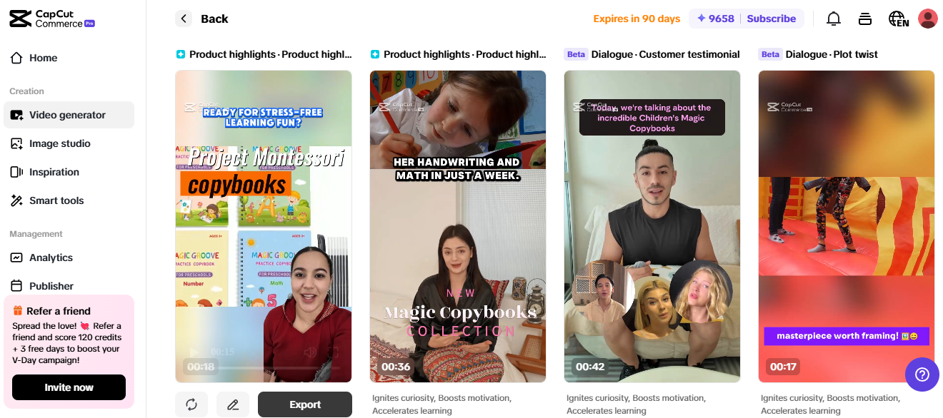 Pippit-Video-Generator, der Bildungsprodukte präsentiert und eCommerce-Automatisierungs-Tools hervorhebt.