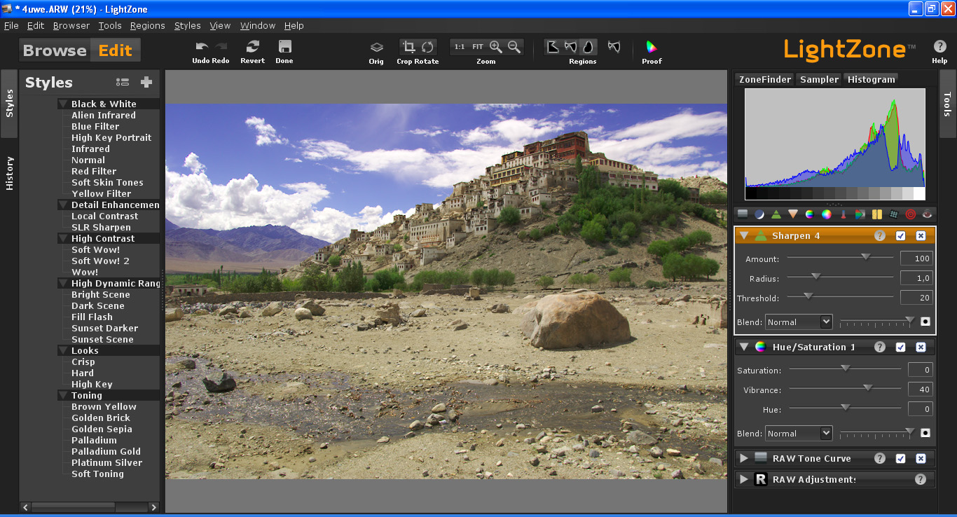 Interface of LightZone - an efficient photo editor for PC