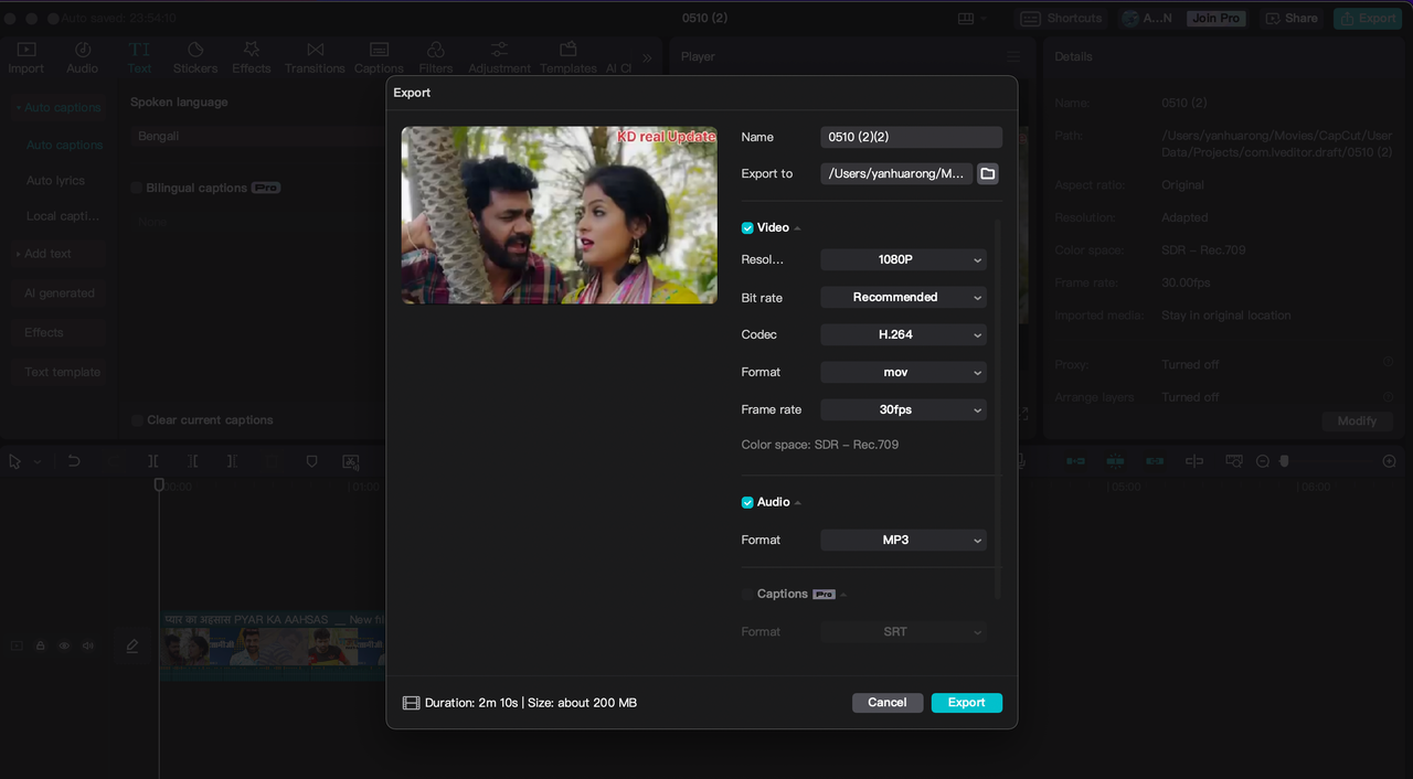 Export the video