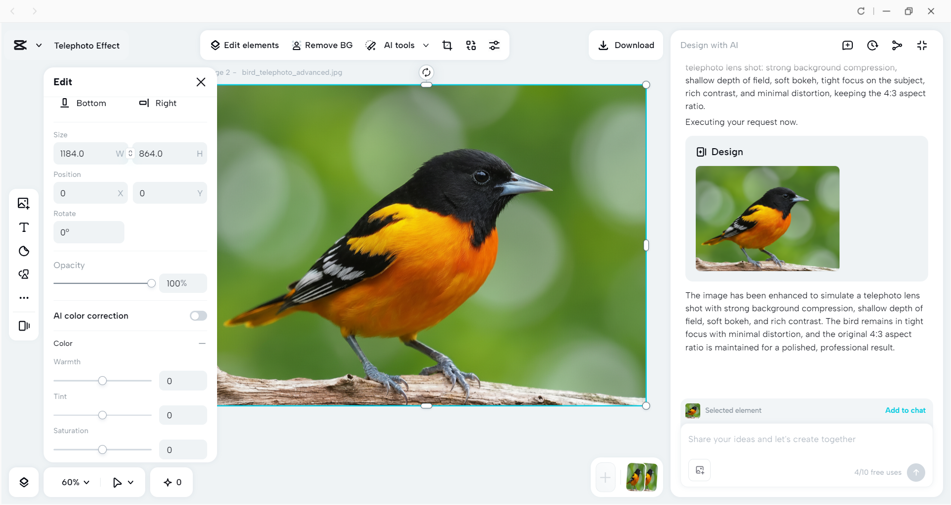 Interface of the CapCut desktop video editor - a tool to generate telephoto style images with AI