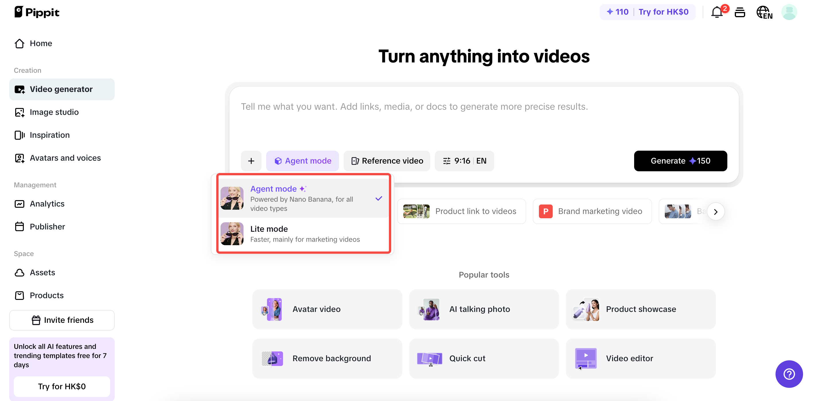 Opening the video generator in Pippit