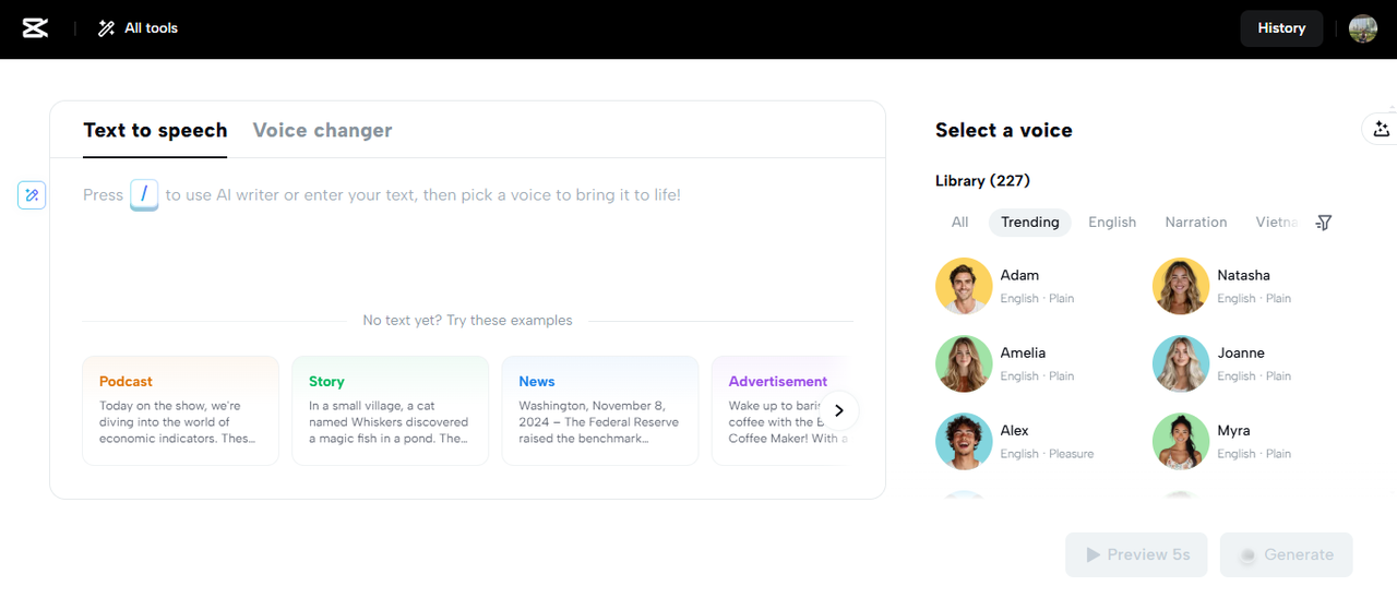 AI narrator aplikacji CapCut Web