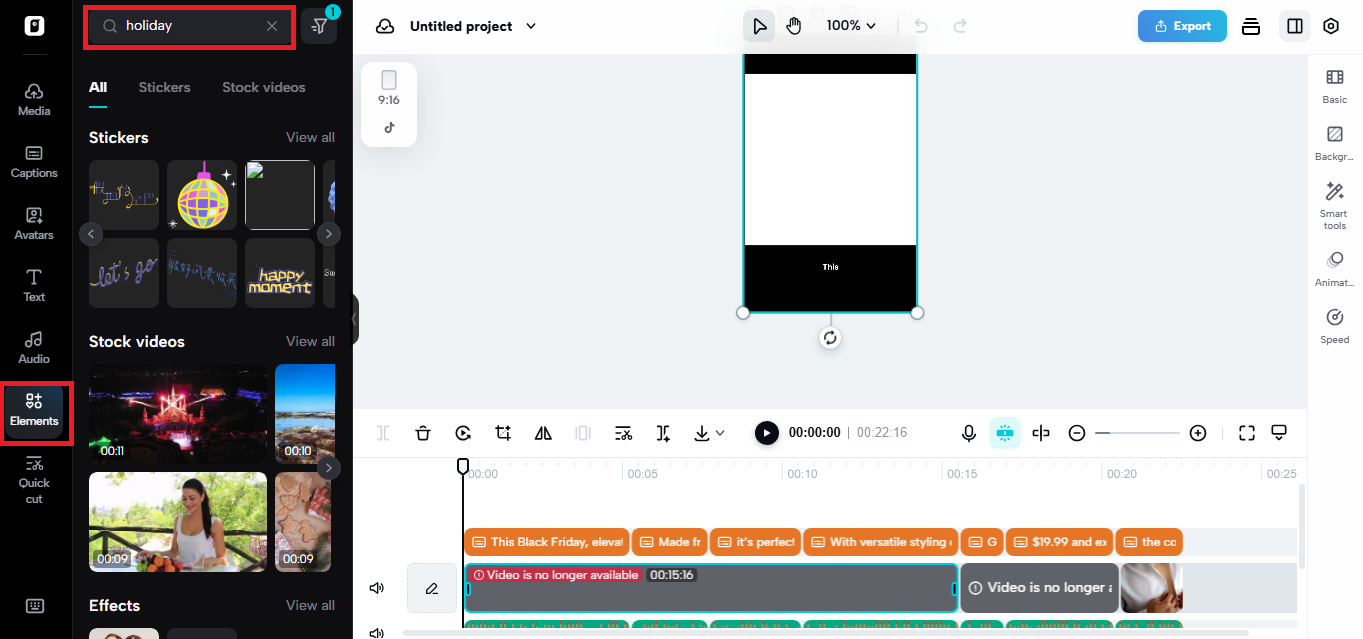 Holiday-themed pre-cleared commercial assets are available on the video editor