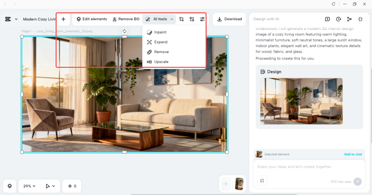 Editing and enhancing the 3D interior design in CapCut