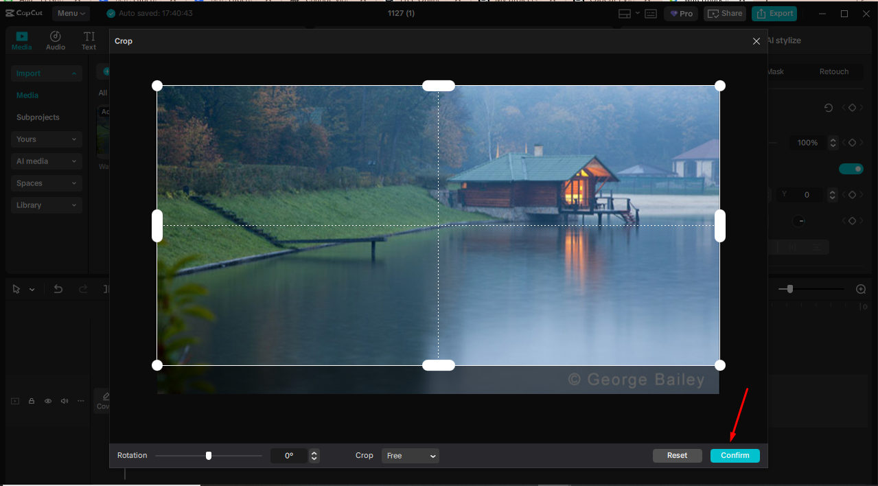 Using a crop tool to remove watermarks in CapCut PC
