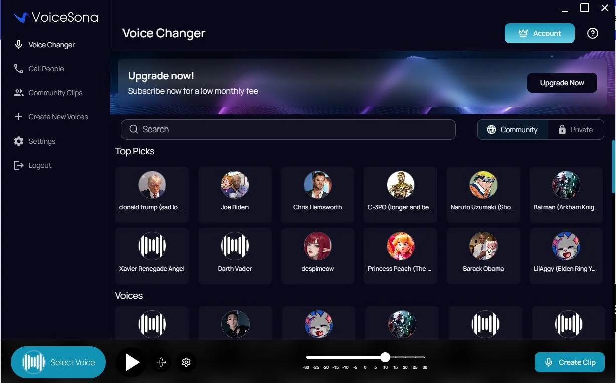 Interface of VoiceSona - an efficient girl voice changer for Discord