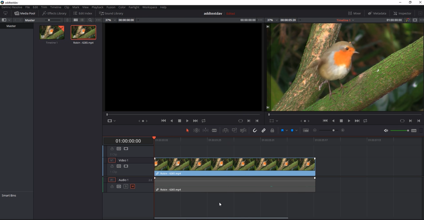 Adding clip to apply smooth zoom in DaVinci Resolve