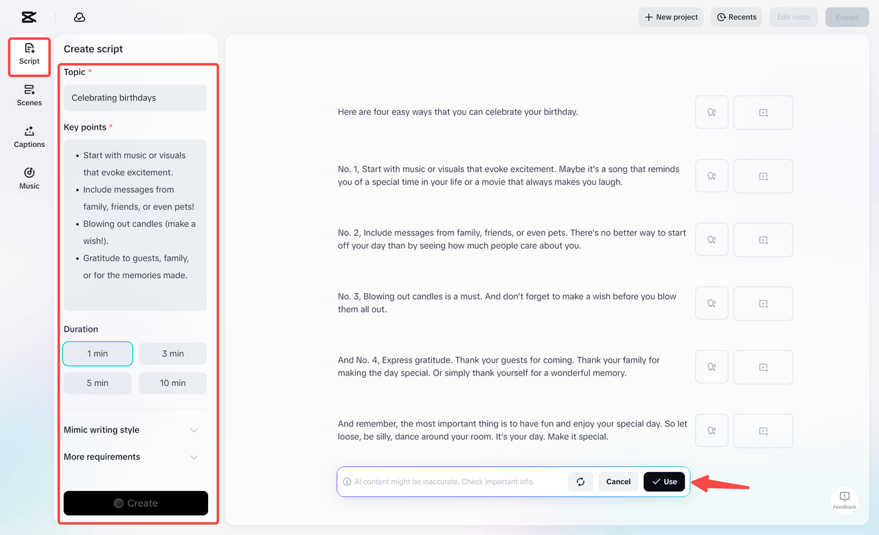 Generate your script and video