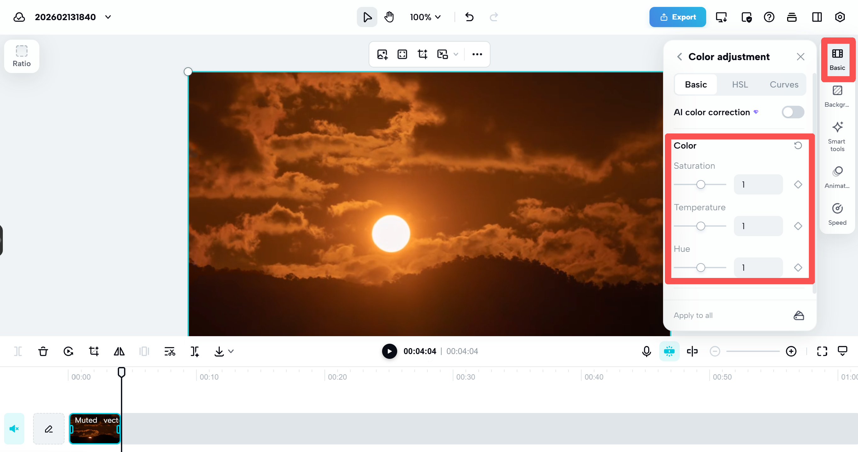 Adjusting color saturation for sunset video in CapCut online