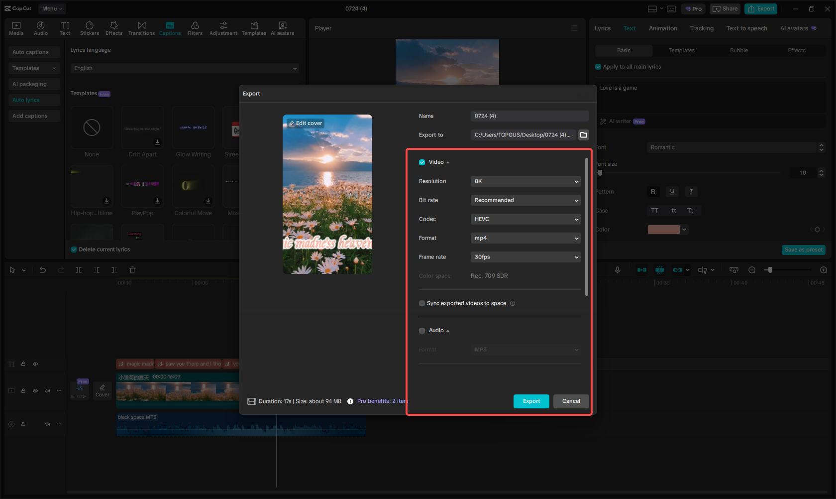 Export the lyric reel