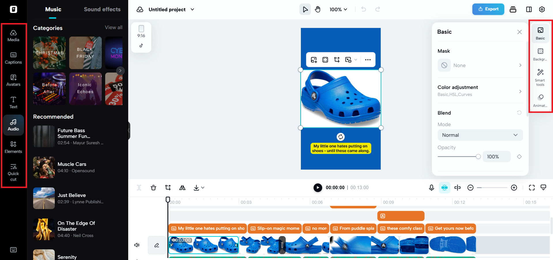 Editing options on either side of the canvas