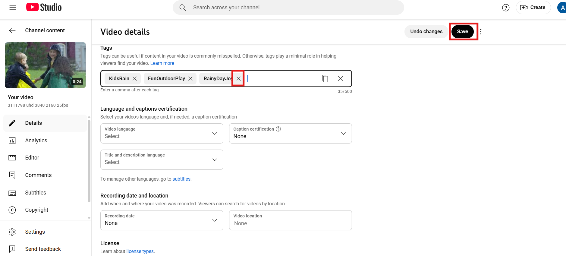 Edit tags and save