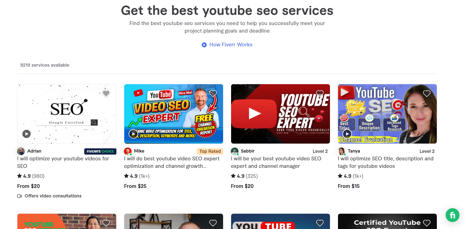 Fiverr YouTube SEO szolgáltatások listája