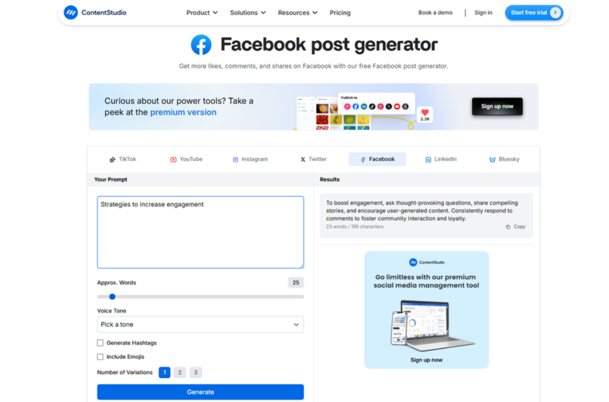 Interfejs ContentStudio - jeden z najlepszych generatorów postów na Facebooka oparty na AI