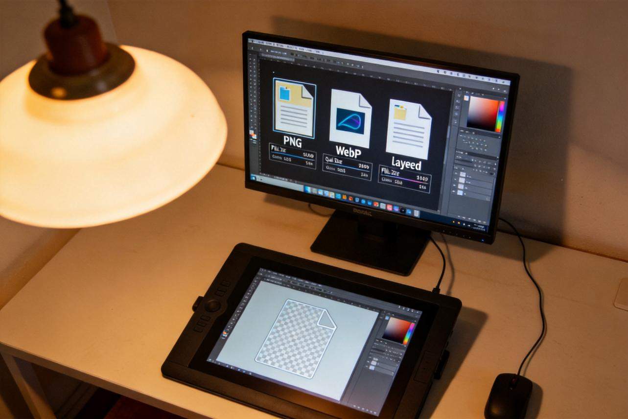 Desktop monitor and drawing tablet showing PNG, WebP, and layered file icons in an editing app
