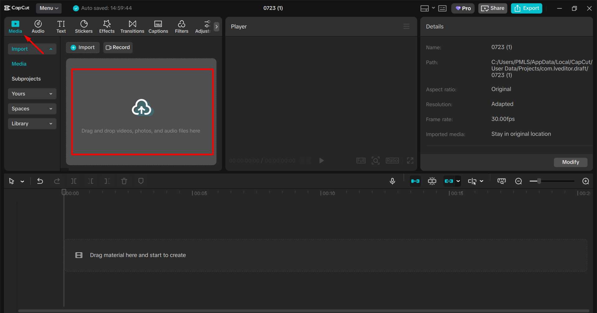 Importing the audio in CapCaut desktop video editor