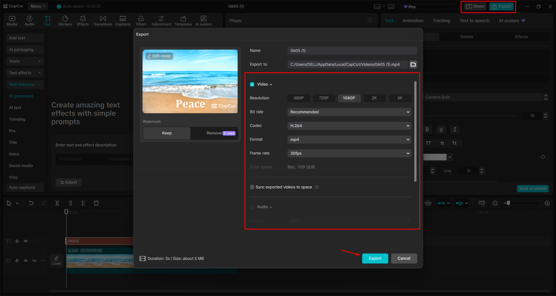 Exporting a video from the CapCut desktop video editor