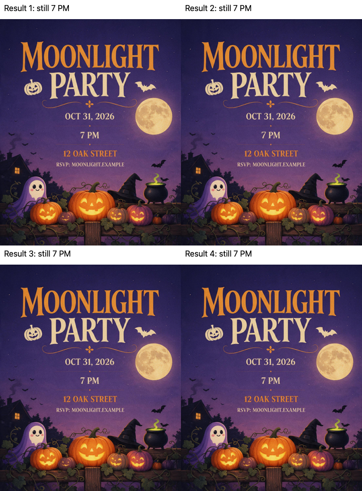 Vier beibehaltene Moonlight-Party-Einladungsergebnisse zeigen jeweils noch 19: 00 Uhr nach der gewünschten Änderung auf 20: 00 Uhr an