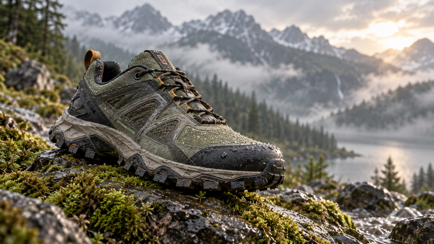 Affiche publicitaire de chaussures IA : Trail Shoe Terrain