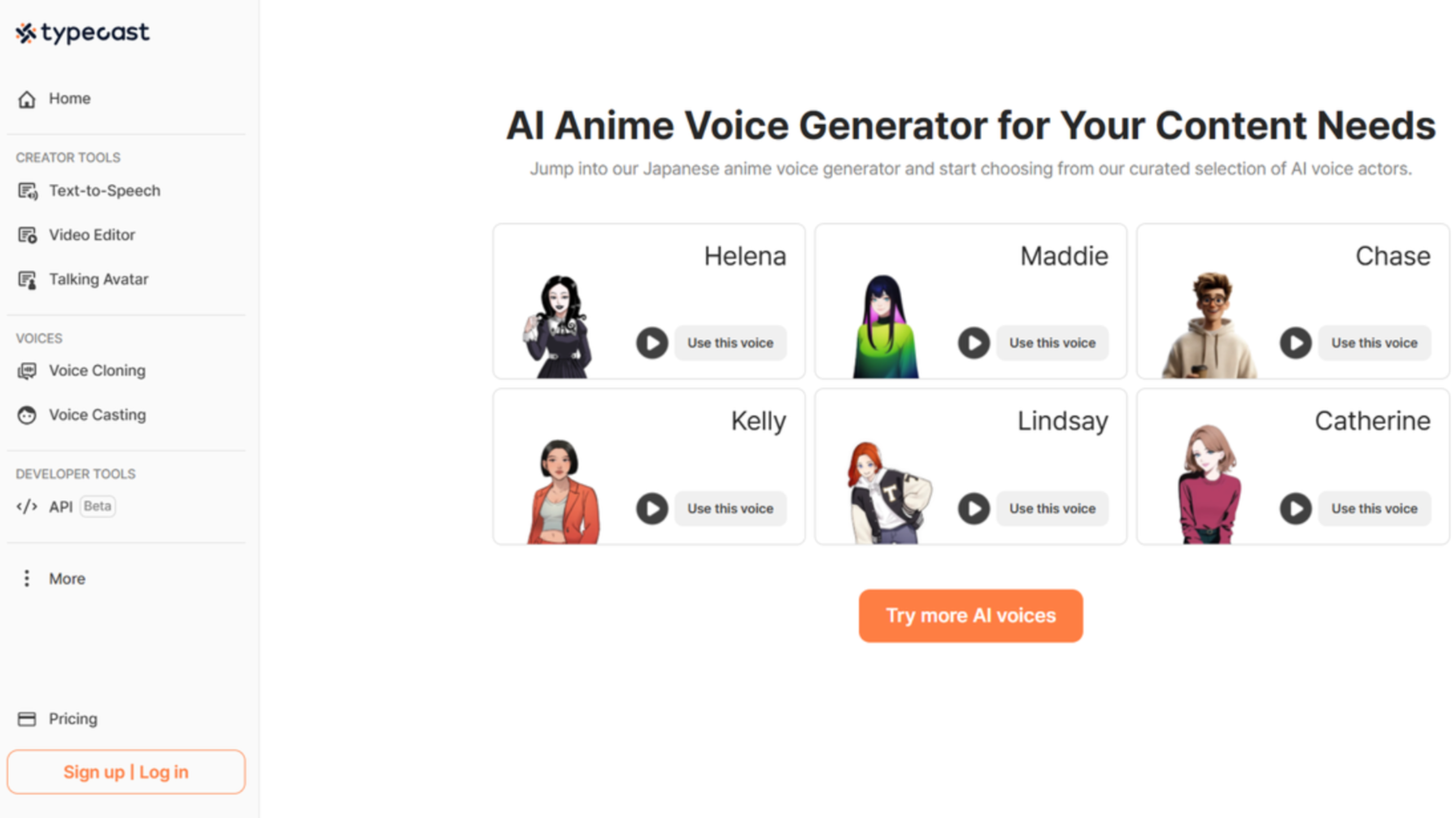 Interface ng Typecast - isa pang libreng anime girl voice changer