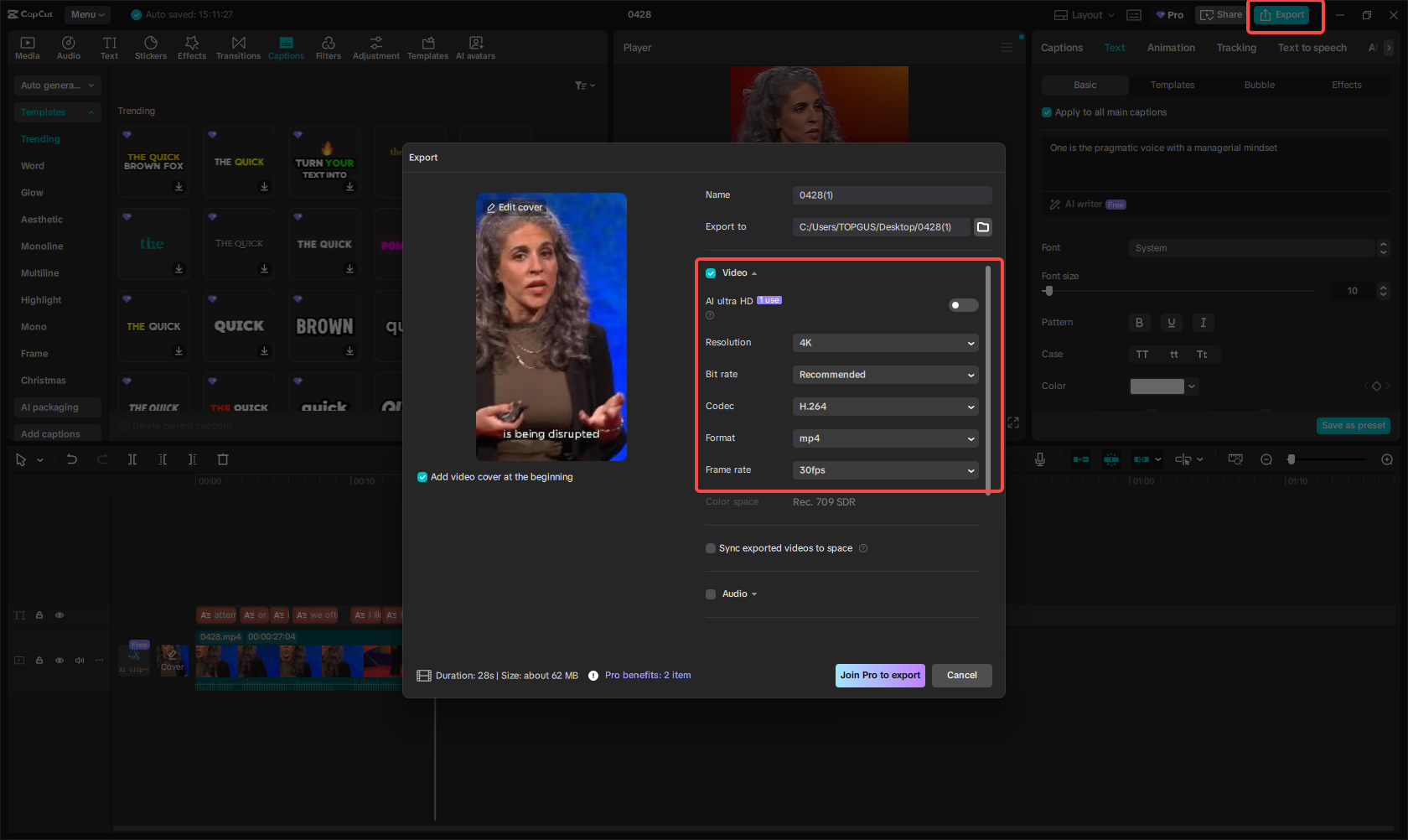 Exporting the video in CapCut