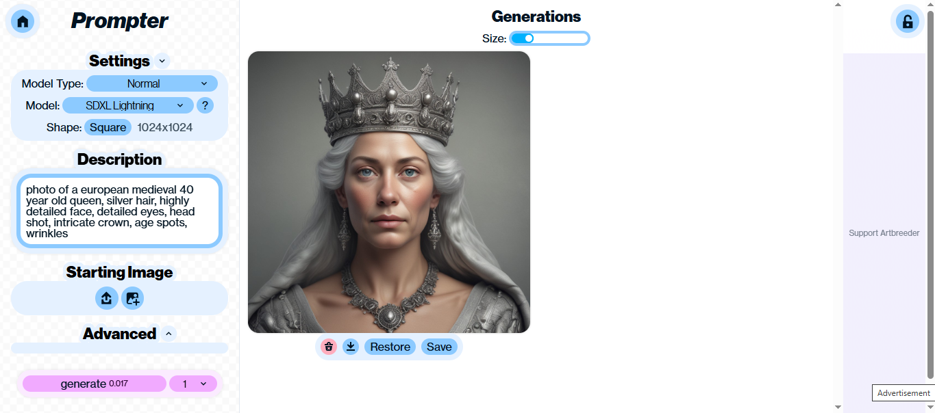 Interface of Artbreeder AI art generator