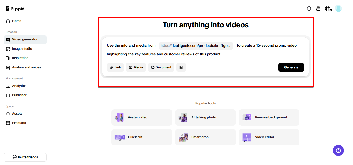 Fornecendo entradas para o gerador de vídeos Pippit