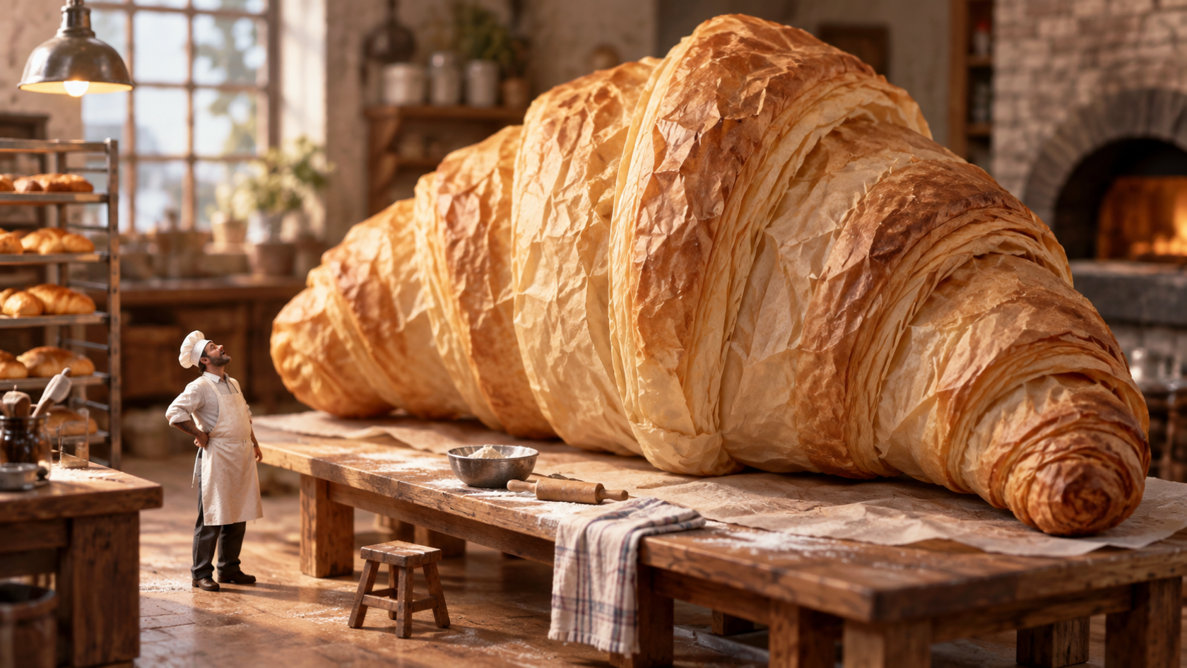 A tangible miniature bakery set with a giant paper pastry and a tiny adult baker figurine