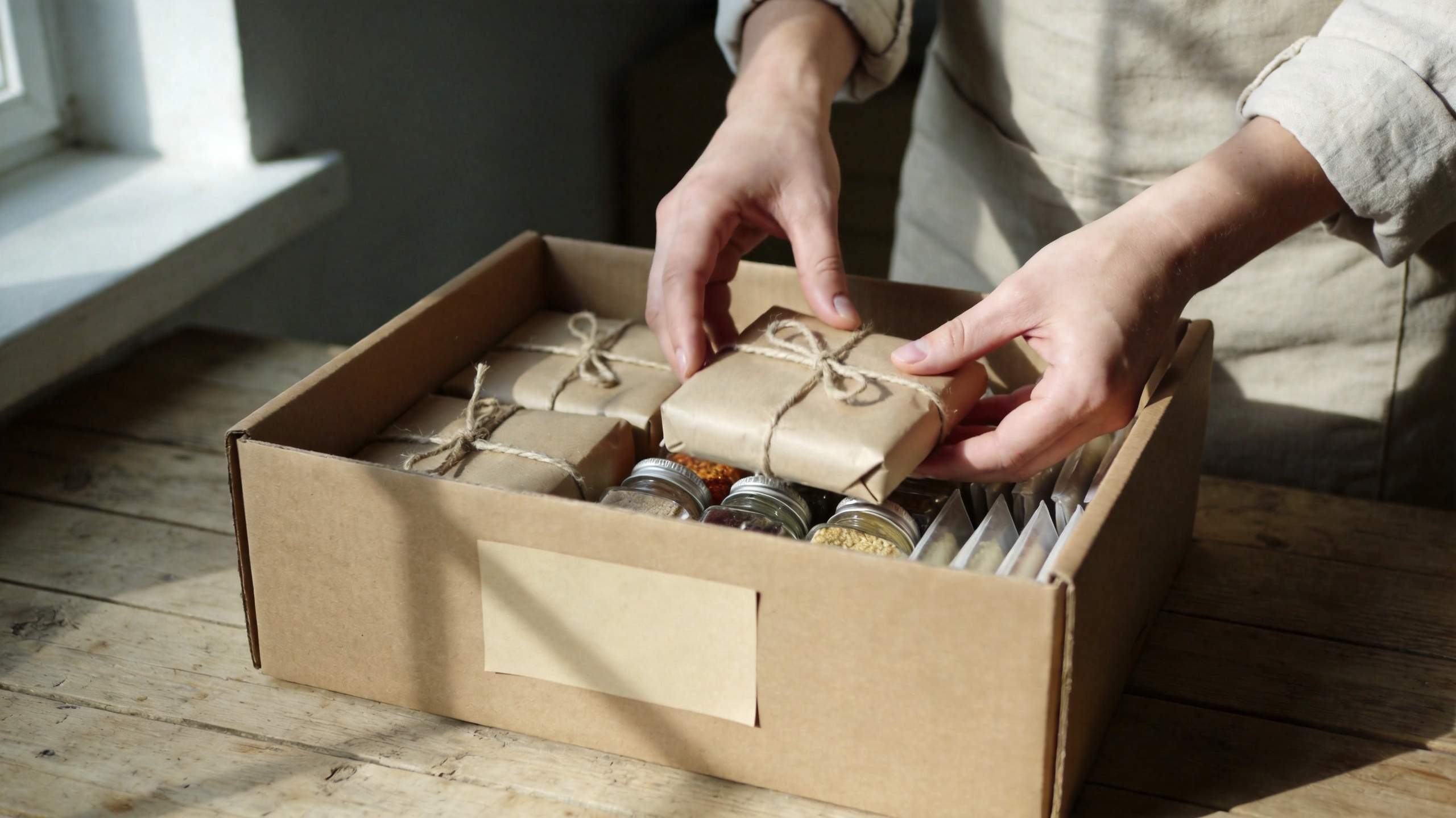 Hands place wrapped gift boxes into a cardboard box with jars and packets