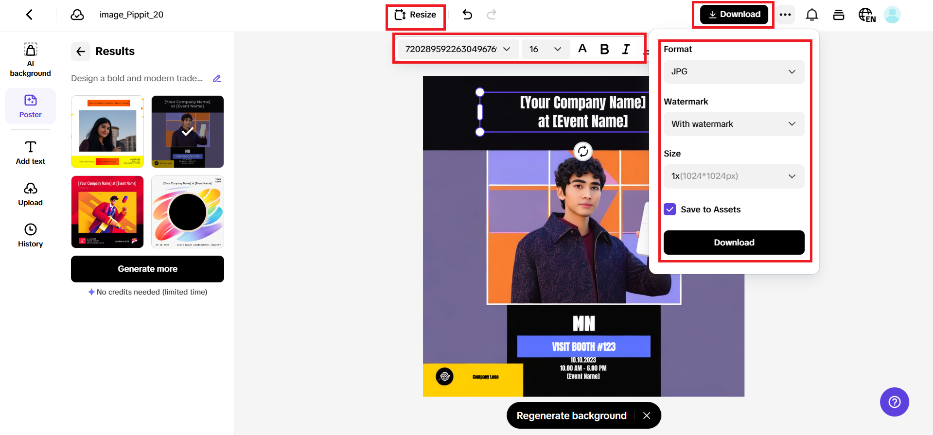 Select, edit text, and download your banner