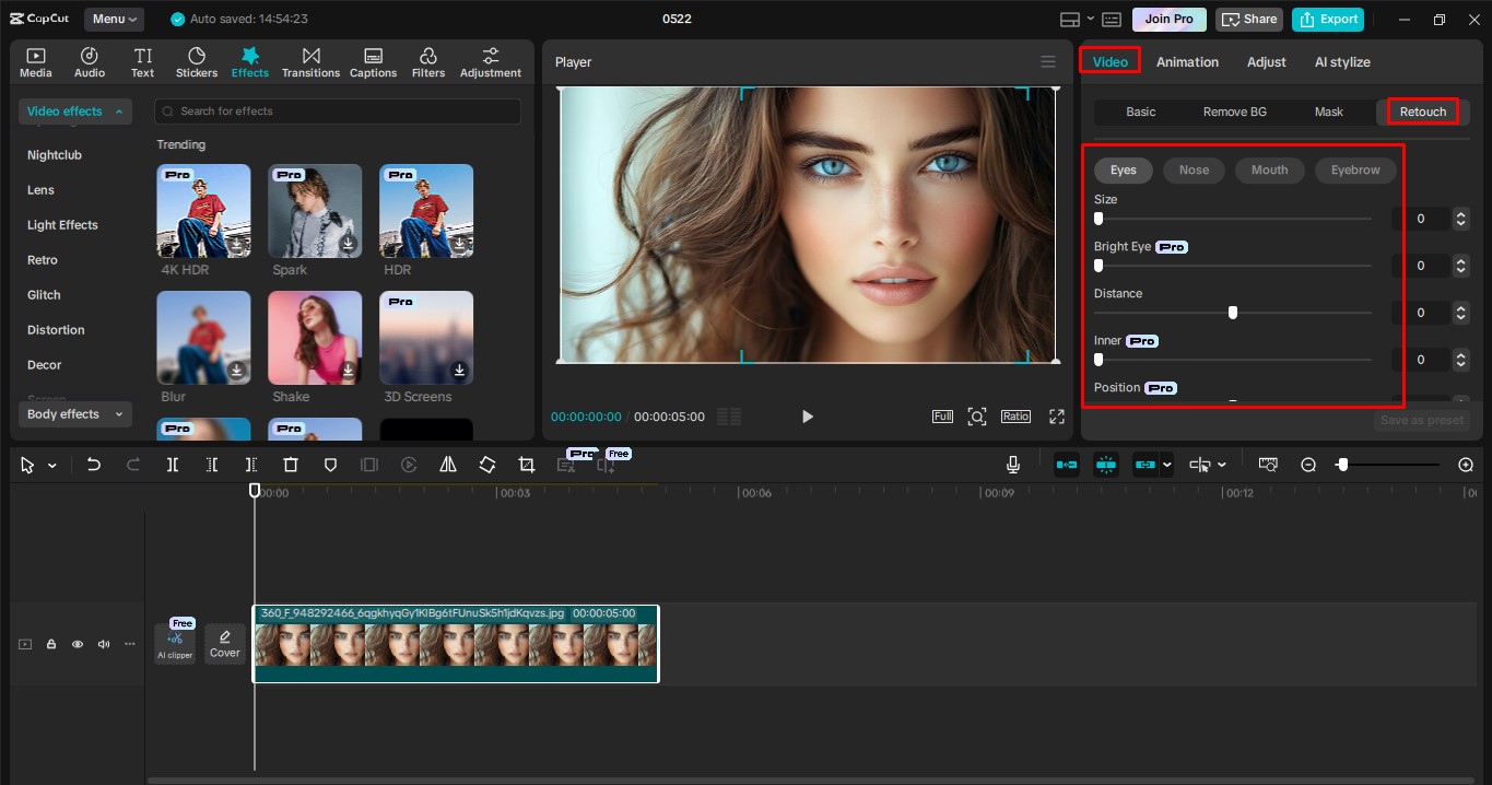 Edit the eye photo in the CapCut desktop video editor