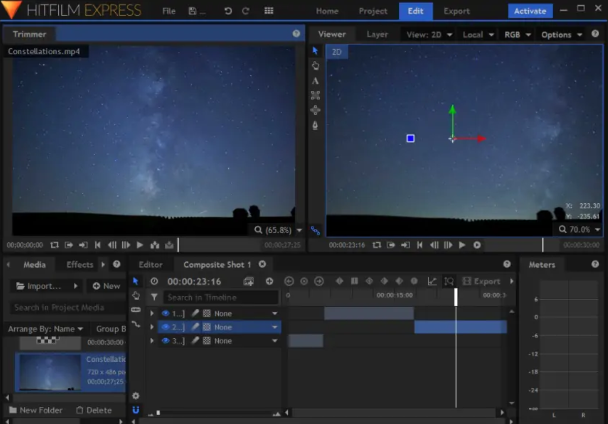 HitFilm Express camera-tracking workspace with a video preview, target controls, and timeline visible.