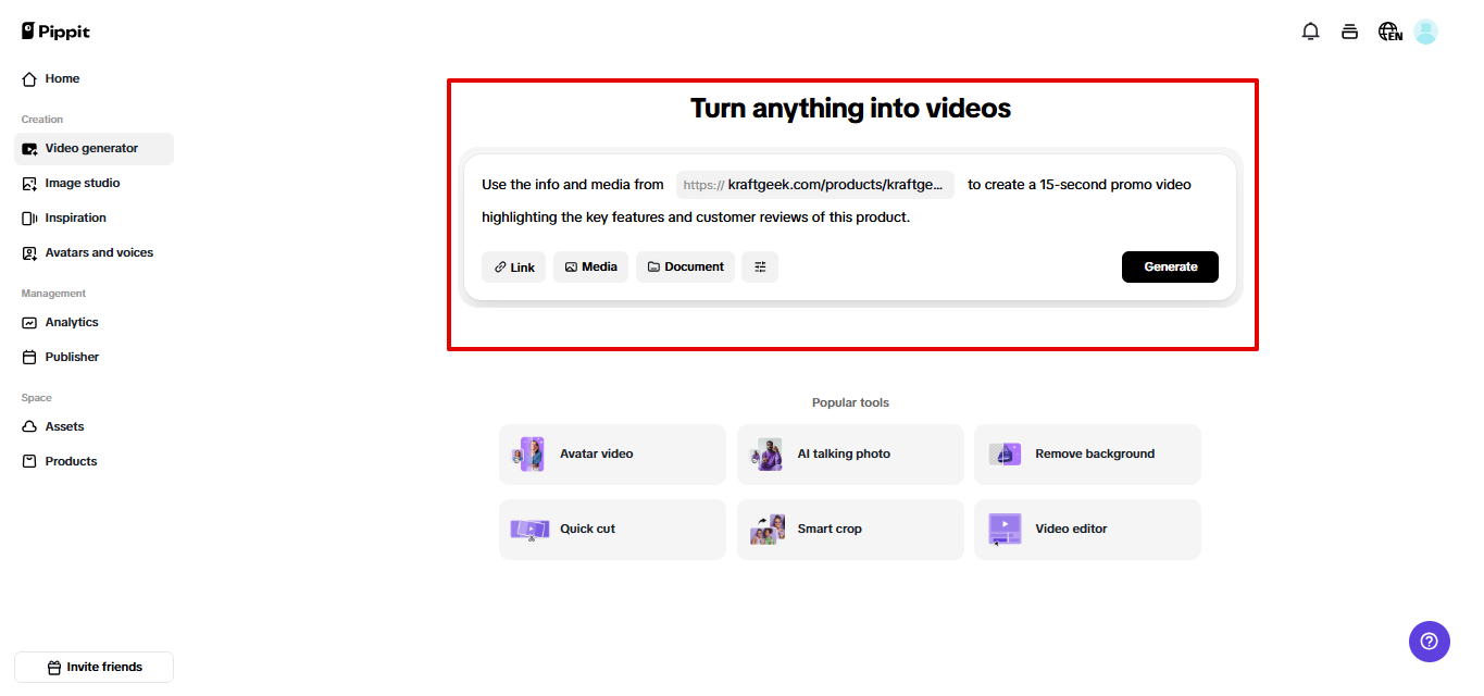 Accessing the video generator in Pippit