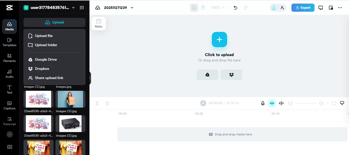 Importing video in CapCut Web