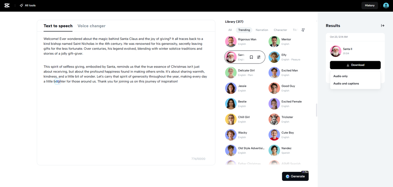 CapCut Web AI voice creating Santa's voice