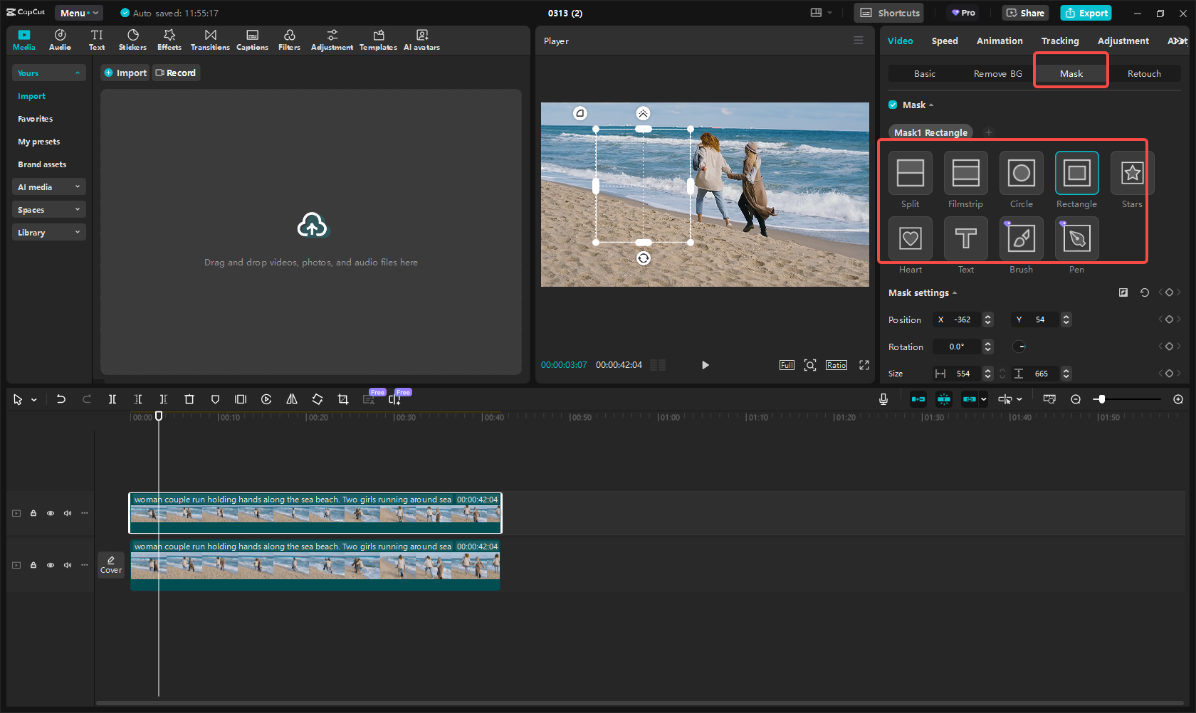Using the "Mask" tool in CapCut