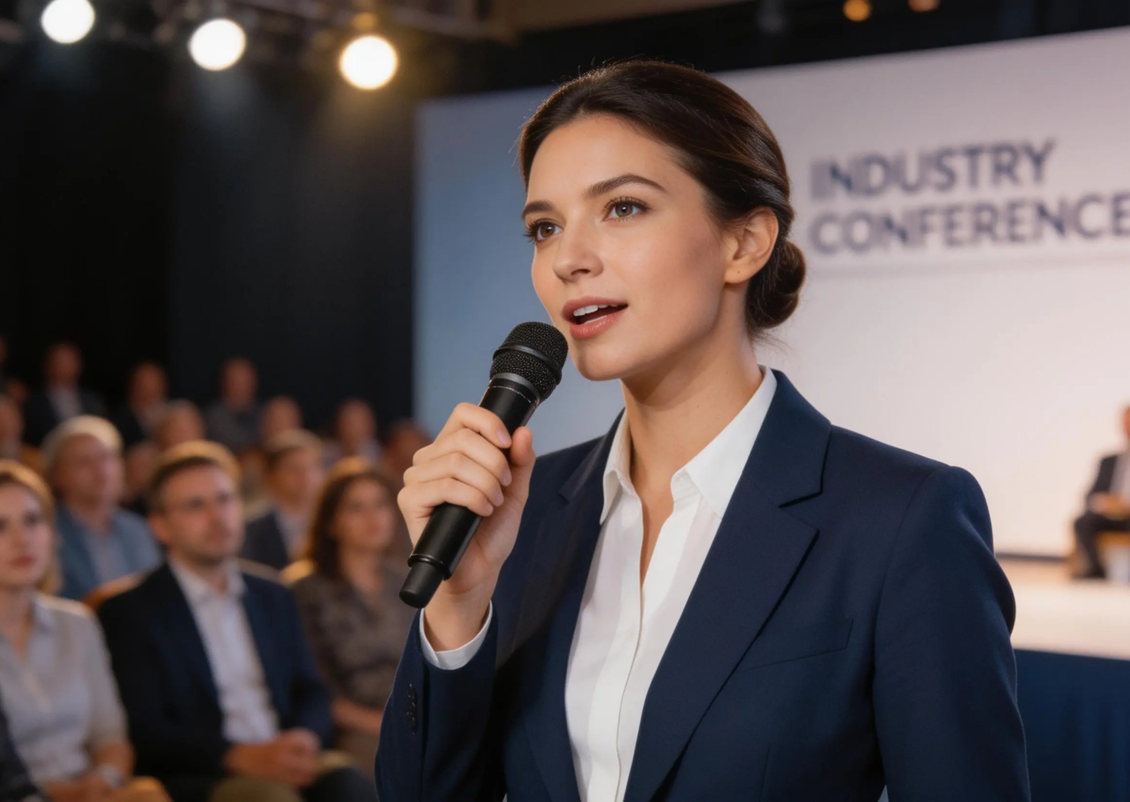 Generate an audio clip of a confident female speaker presenting at a conference