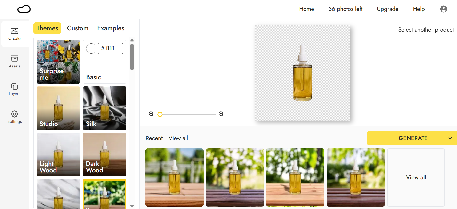Interface de photographies de produits avec Pebblely IA