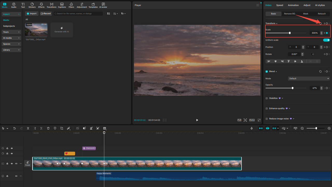 The Scale Keyframes in CapCut PC